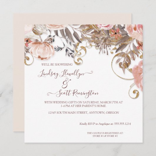 Boho Earthy Floral Pink Rose Gold Couples Shower Kaart (Voorkant / Achterkant)