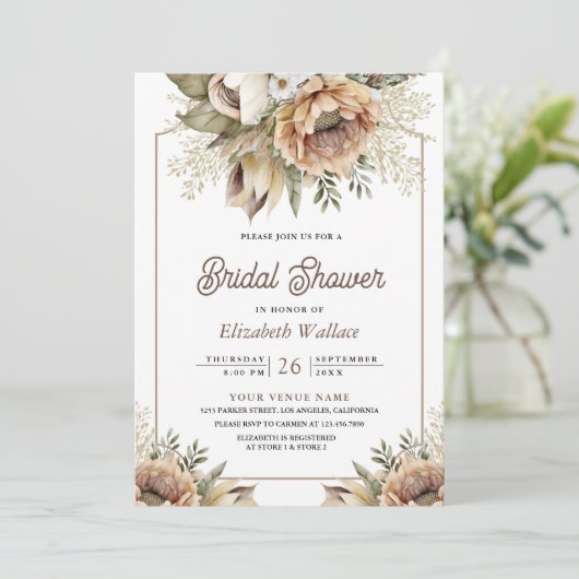 Boho Earthy Floral Taupe Foto Vrijgezellenfeest Kaart (Staand voorkant)