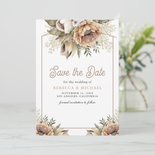 Boho Earthy Floral Taupe Fotobruiloft Save The Date (Staand voorkant)