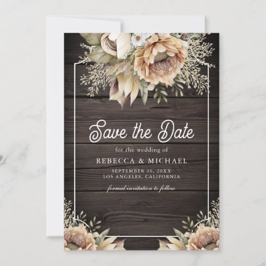 Boho Earthy Floral Taupe Photo Wood Wedding Save The Date (Voorkant)