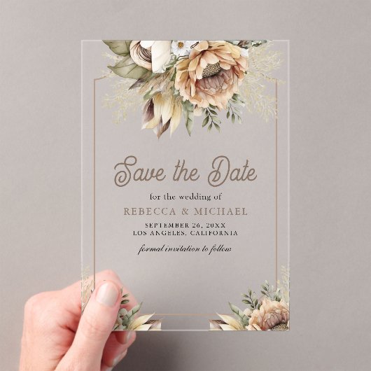 Boho Earthy Floral Taupe Wedding Save the Date Acryl Uitnodigingen (Insitu (Draagbaar))