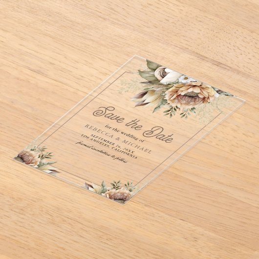 Boho Earthy Floral Taupe Wedding Save the Date Acryl Uitnodigingen (Laagn)