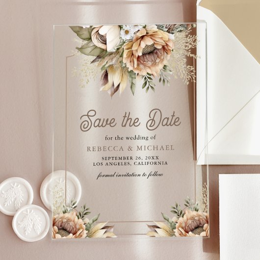Boho Earthy Floral Taupe Wedding Save the Date Acryl Uitnodigingen