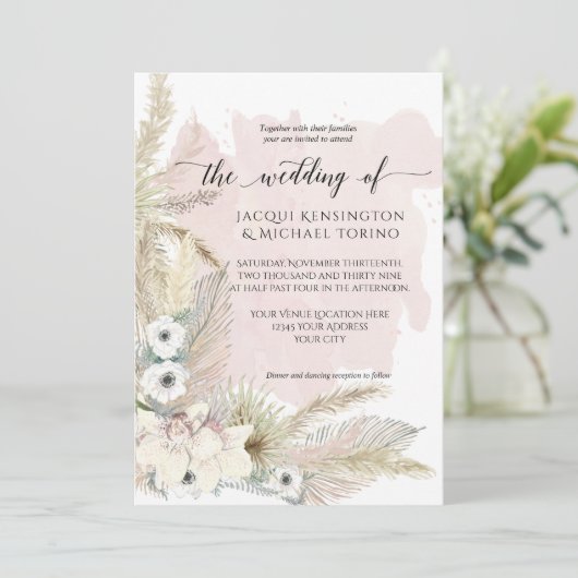 Boho Earthy Pampas Grass Waterverf Floral Wedding Kaart (Staand voorkant)