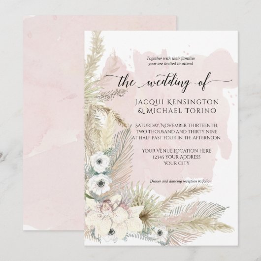 Boho Earthy Pampas Grass Waterverf Floral Wedding Kaart (Voorkant / Achterkant)
