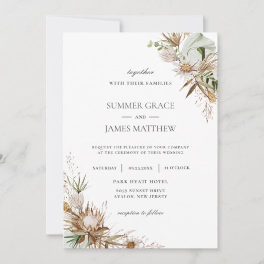 Boho Earthy Protea Gedreven Palm Rustic Wedding   Kaart (Voorkant)