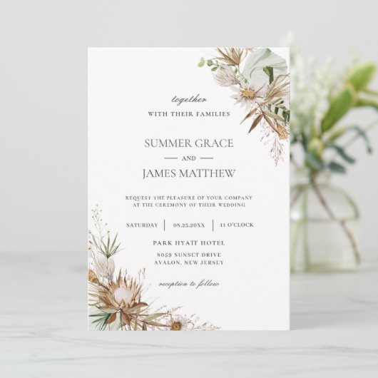 Boho Earthy Protea Gedreven Palm Rustic Wedding   Kaart (Staand voorkant)