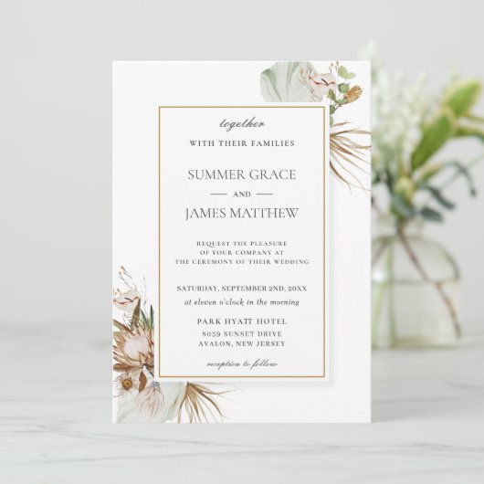 Boho Earthy Protea Palm Rust Brown Rustic Wedding Kaart (Staand voorkant)