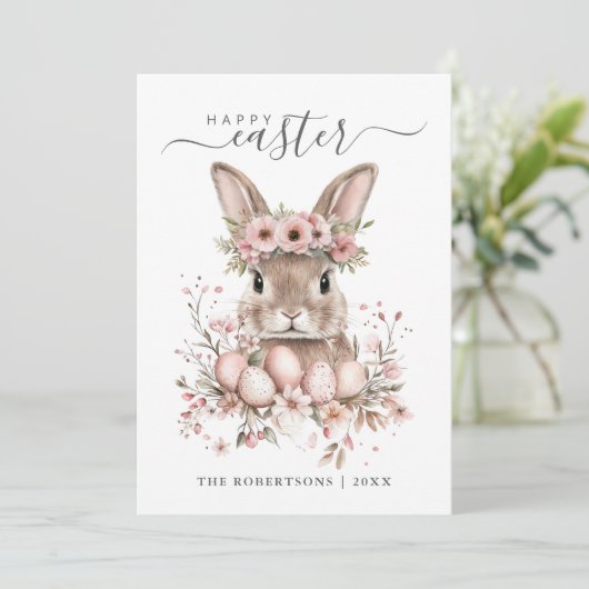 Boho Easter  Bunny Blush Bloemeneieren Feestdagenkaart (Staand voorkant)