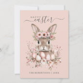 Boho Easter Bunny Blush Bloemeneieren Feestdagenkaart (Voorkant)