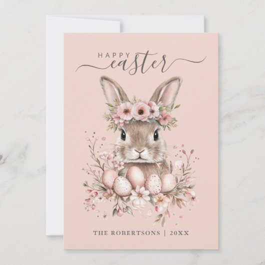 Boho Easter Bunny Blush Bloemeneieren Feestdagenkaart (Voorkant)