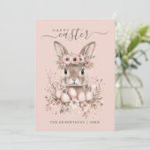 Boho Easter Bunny Blush Bloemeneieren Feestdagenkaart (Staand voorkant)