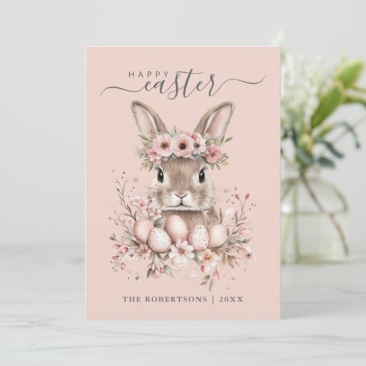 Boho Easter  Bunny Blush Bloemeneieren Feestdagenkaart (Staand voorkant)