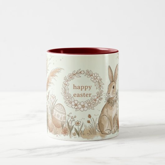 Boho Easter Bunny with Floral Wreath Illustration Tweekleurige Koffiemok (Center)