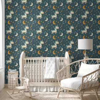 Boho eenhoorn kinderkamer ontwerp, gedempt donkerg behang