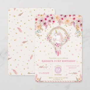 Boho Eenhoorn Verjaardag Bloemen Meisje 21e Verjaa Kaart
