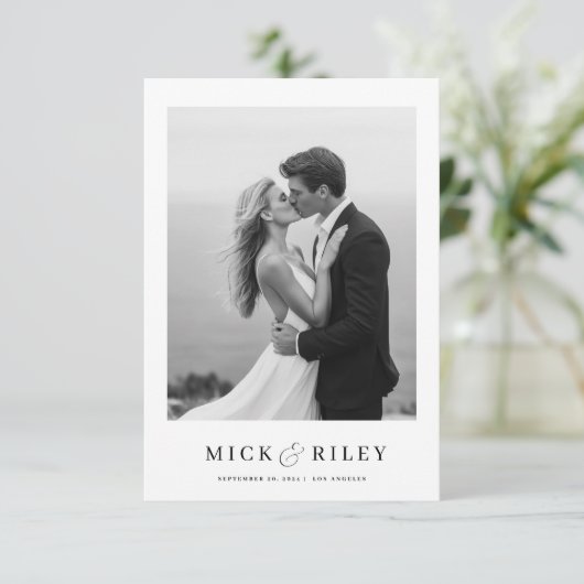 Boho eenvoudige elegante tekst en foto bruiloft save the date (Staand voorkant)