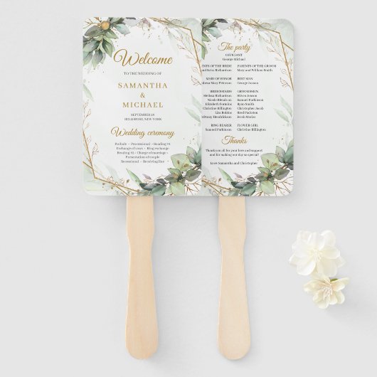 Boho Eenvoudige lentegroen en gouden lijst bruilof Handwaaier (Voorkant en achterkant)