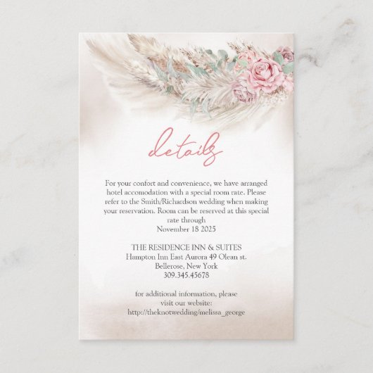 Boho eenvoudige pampa's en stoffige roos bruiloft informatiekaartje (Voorkant)