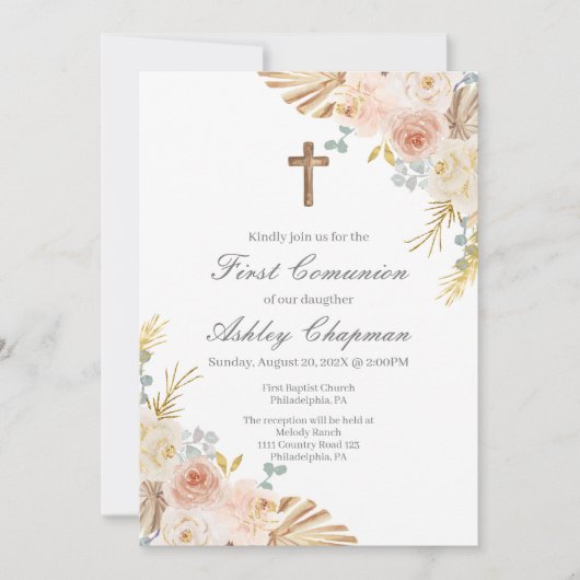 Boho eerste communie uitnodiging in het Spaans (Voorkant)