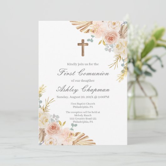 Boho eerste communie uitnodiging in het Spaans (Staand voorkant)