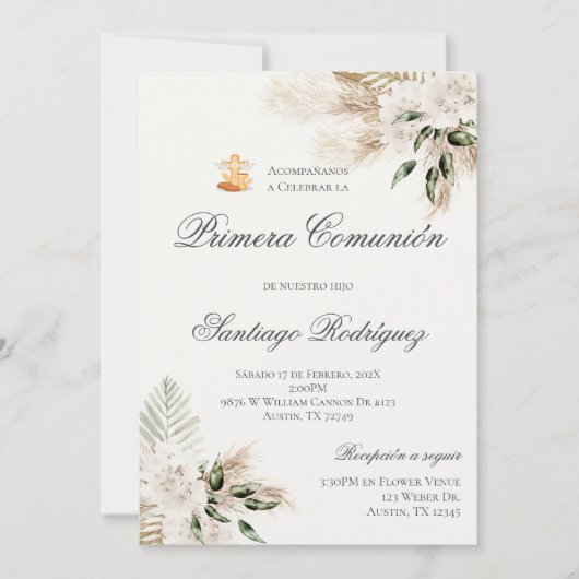 Boho eerste communie uitnodiging in het Spaans (Voorkant)