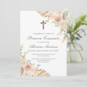 Boho eerste communie uitnodiging in het Spaans (Staand voorkant)