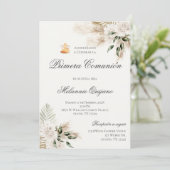 Boho eerste communie uitnodiging in het Spaans (Staand voorkant)