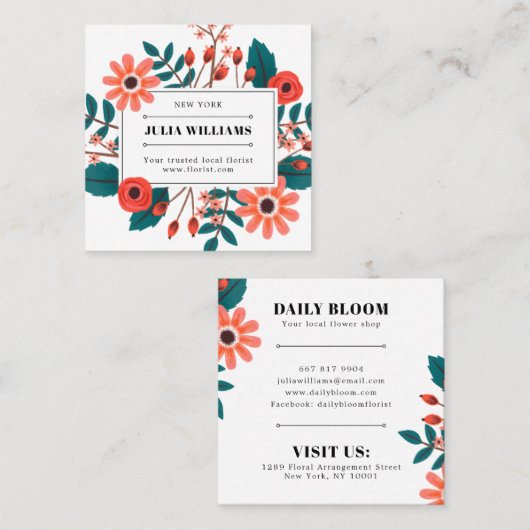 Boho effen wit zwart lijst bloemenboeket vierkante visitekaartje (Voorkant / Achterkant)