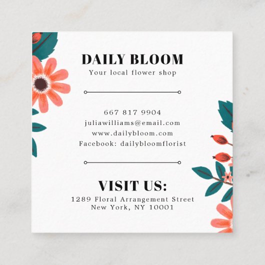 Boho effen wit zwart lijst bloemenboeket vierkante visitekaartje (Achterkant)