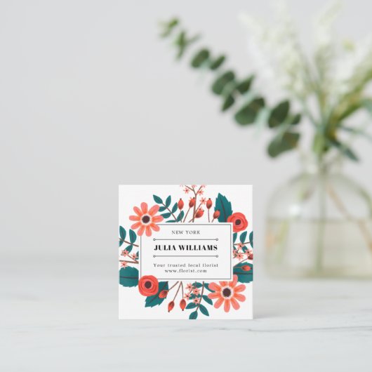 Boho effen wit zwart lijst bloemenboeket vierkante visitekaartje (Staand voorkant)