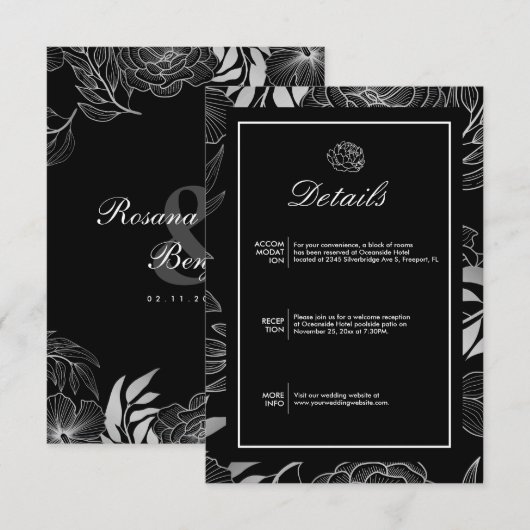 Boho Elegant Bloemen Zwart Trouwdetails Informatiekaartje (Voorkant / Achterkant)