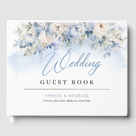 Boho Elegant Dusty Blue en Ivory Bloemen bruiloft Gastenboek (Voorkant)