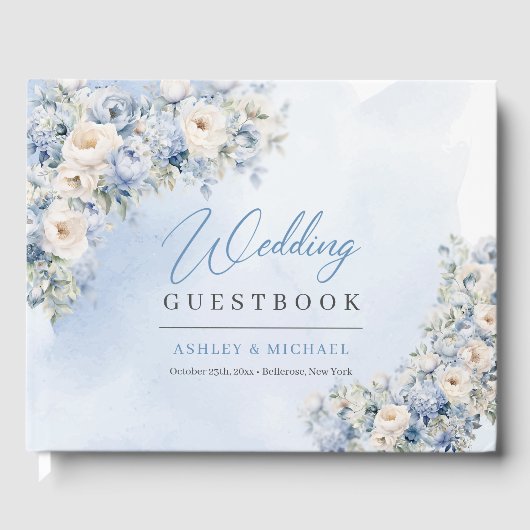 Boho Elegant Dusty Blue en Ivory Bloemen bruiloft Gastenboek (Voorkant)