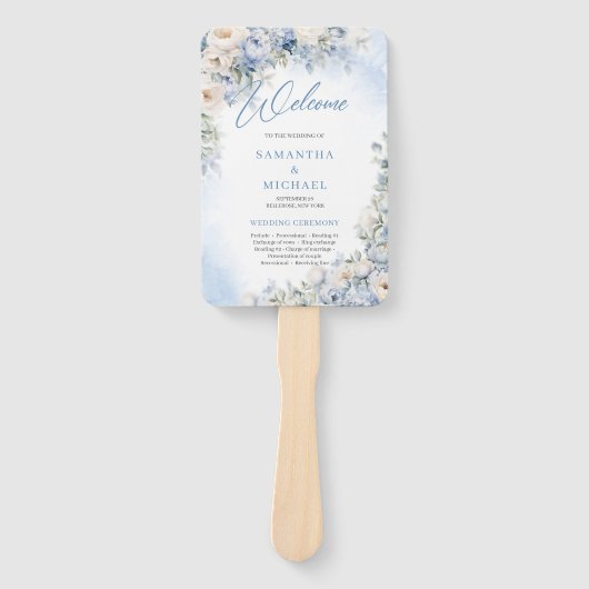 Boho Elegant Dusty Blue en Ivory Bloemen bruiloft Handwaaier (Voorkant)