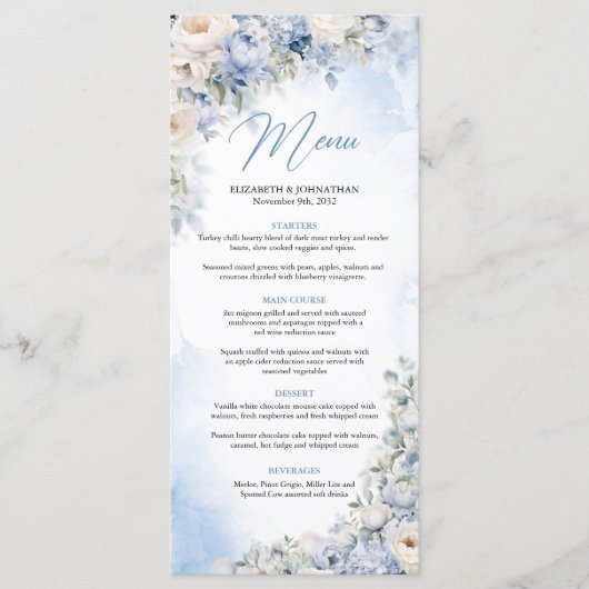 Boho Elegant Dusty Blue en Ivory Bloemen diner Menu (Voorkant)