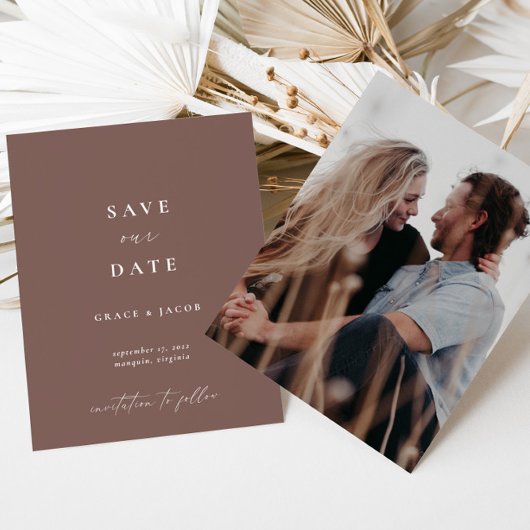 Boho Elegant Earthy Dusty Paars Script Foto Save The Date