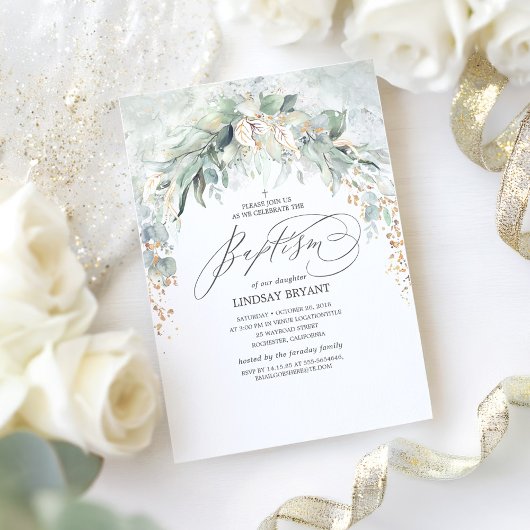Boho Elegant Gold Glitter Greenery Baptisme Kaart