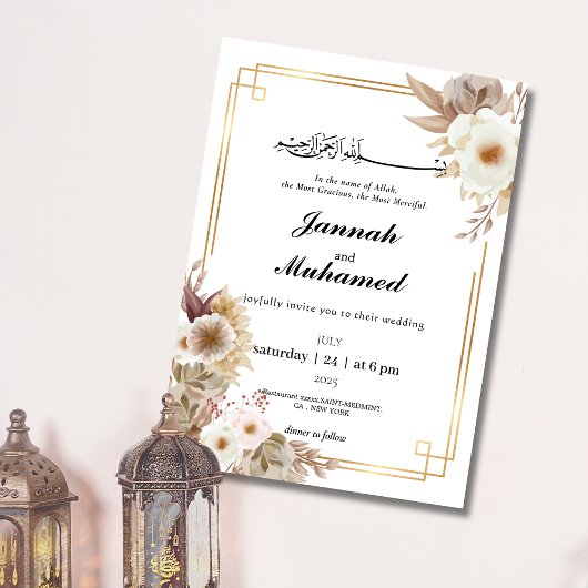 Boho Elegant Goud & Bloemen Islamitische Huwelijk Kaart