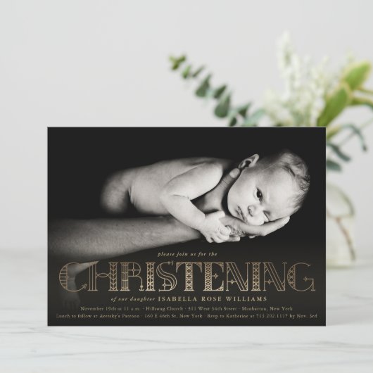 Boho Elegant Gouden Folie doopfoto uitnodigen Kaart (Staand voorkant)
