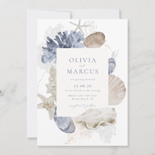 Boho Elegant Lijst Strand Blauw Bruiloft Uitnodigi Kaart (Voorkant)