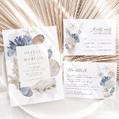 Boho Elegant Lijst Strand Blauw Bruiloft Uitnodigi Kaart