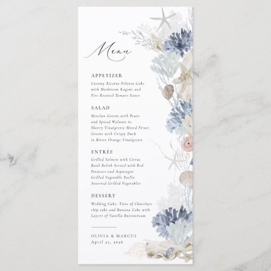 Boho Elegant Ocean Beach Koraal Blauw Bruiloft Menu (Voorkant)