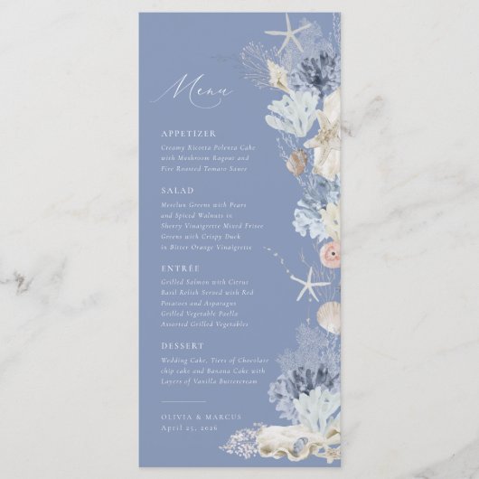 Boho Elegant Ocean Beach Koraal Blauw Bruiloft Menu (Voorkant)
