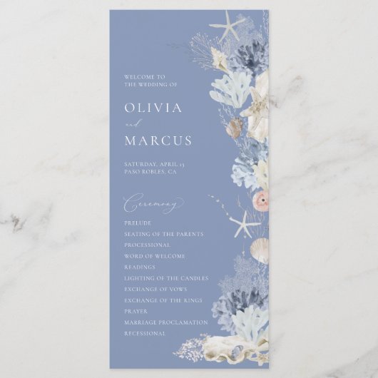 Boho Elegant Ocean Beach Koraal Blauw Bruiloft Programmakaart (Voorkant)