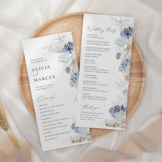 Boho Elegant Ocean Beach Koraal Blauw Bruiloft Programmakaart