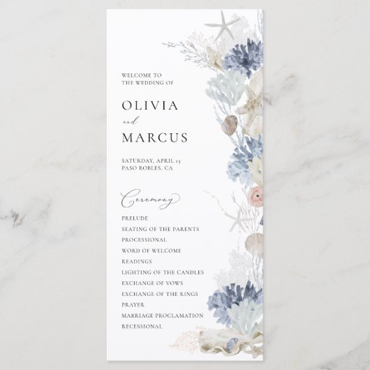 Boho Elegant Ocean Beach Koraal Blauw Bruiloft Programmakaart (Voorkant)