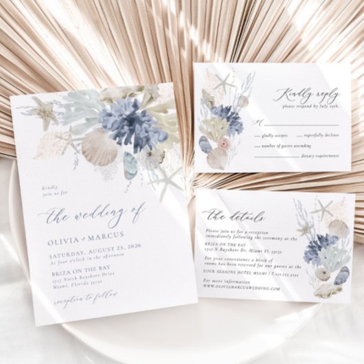 Boho Elegant Op Het Strand Blauw Bruiloft Uitnodig Kaart