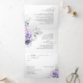 Boho Elegant Paars Succulents Greenery Wedding Drieluik Uitnodiging
