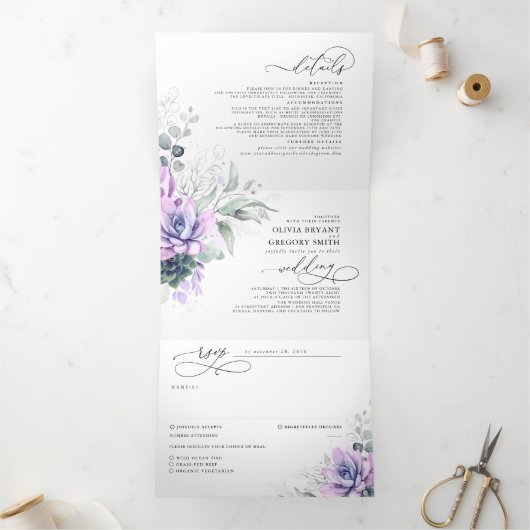 Boho Elegant Paars Succulents Greenery Wedding Drieluik Uitnodiging (Binnen)